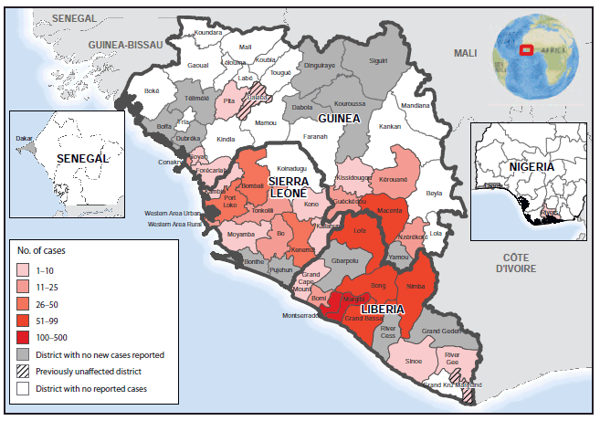 The figure is a map of West Africa showing the number of new cases of Ebola virus disease reported by districts in Guinea, Liberia, Sierra Leone, Nigeria, and Senegal during August 31-September 20, 2014.